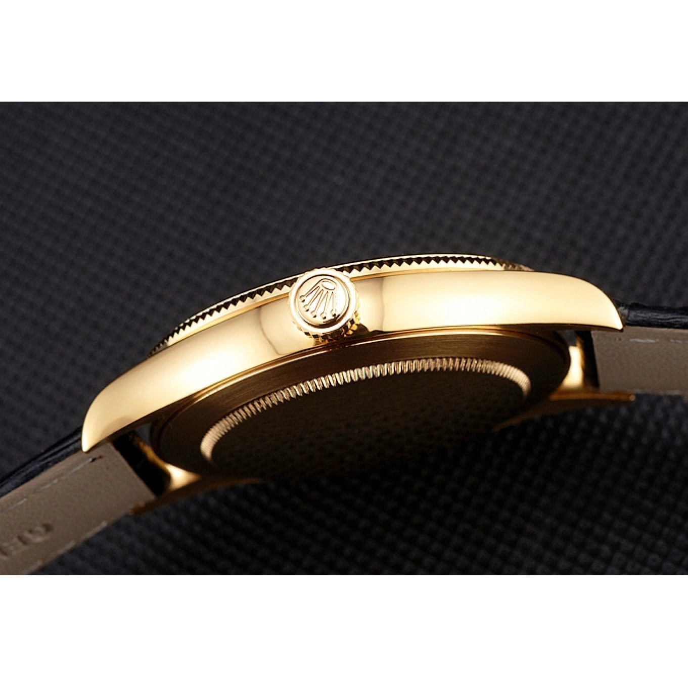 Aaa replica Black Dial Gold Datejust Strap Swiss Case Rolex Black Leather 0521